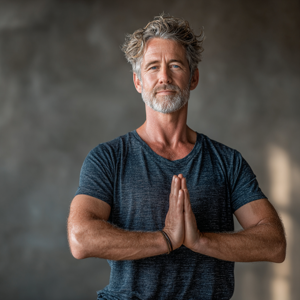 A mature man in his early 50s performing a standing yoga pose in a peaceful studio environment, demonstrating balance and focus with calm confident expression