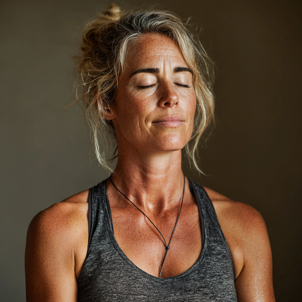 A serene woman in her late 40s practicing yoga meditation pose in a bright studio, wearing comfortable athletic clothing, with a peaceful expression and proper posture